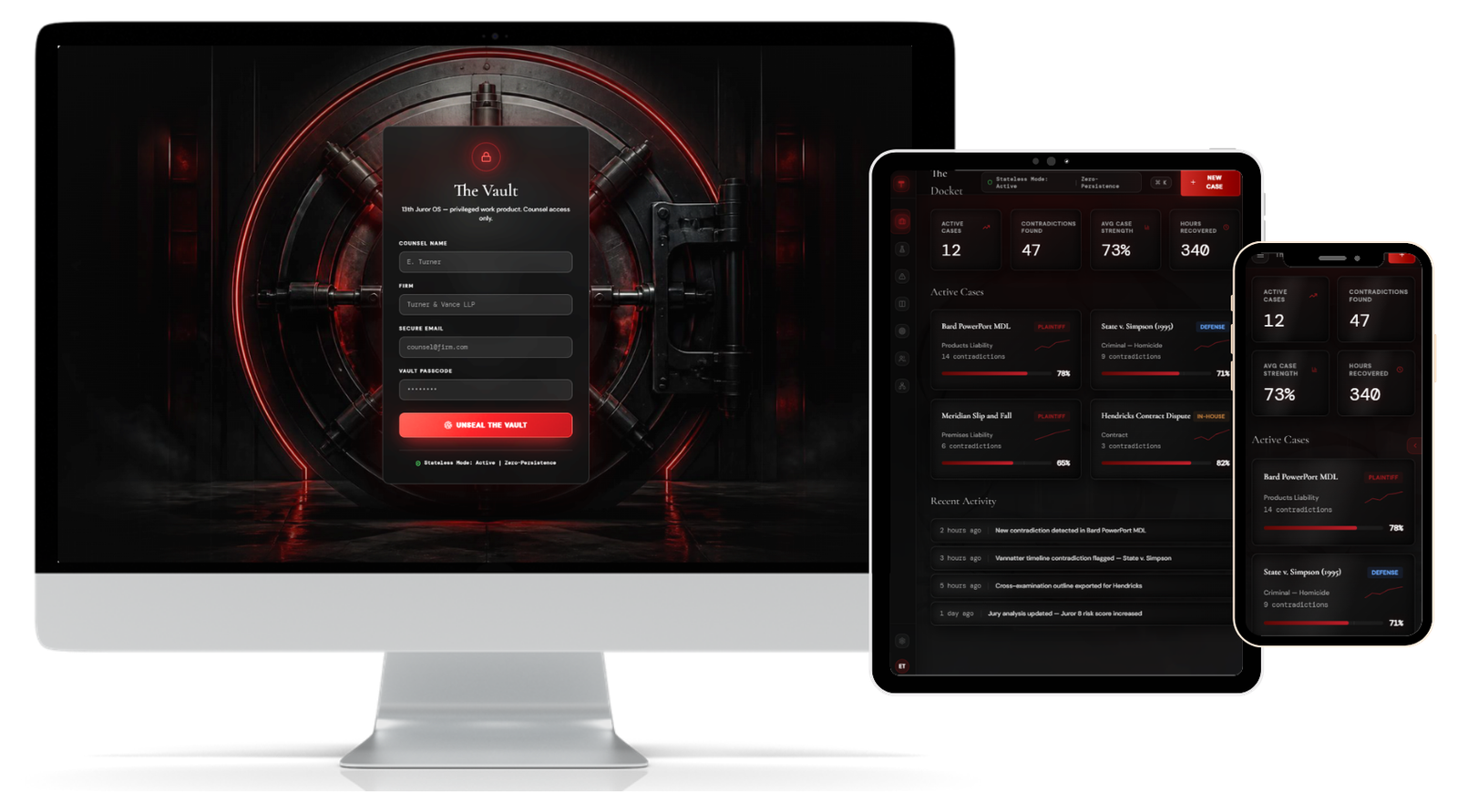 13th Juror OS shown on desktop, tablet and phone
