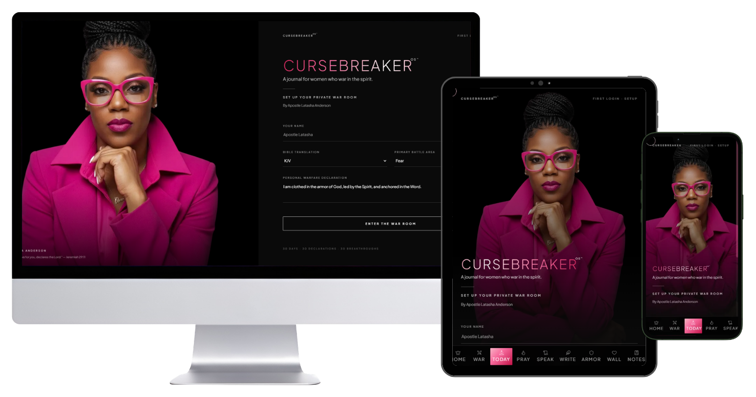 CurseBreaker OS app shown on desktop, tablet and phone